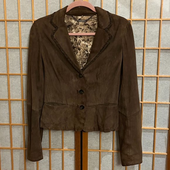 Light Brown Elie Tahari Womens Petite Small Sueded Leather Jacket with Bead Trim - Picture 1 of 7